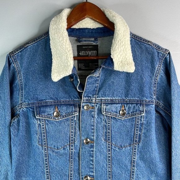 Hollywood Mens Sherpa Collar Jean Jacket Blue Mid Denim Wash trucker chore S - Picture 2 of 8